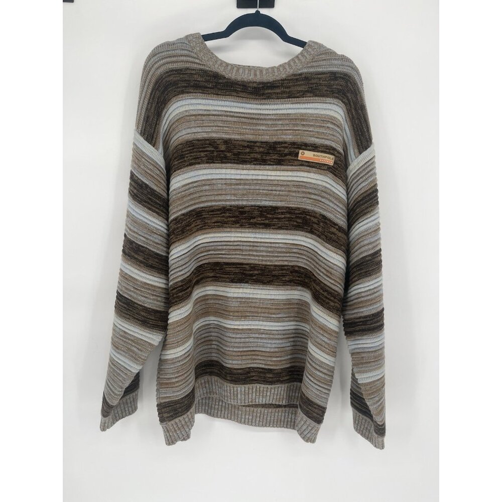 Vintage South Pole Sweater Men Blue Brown Striped Pullover Crewneck 90s Y2K XL